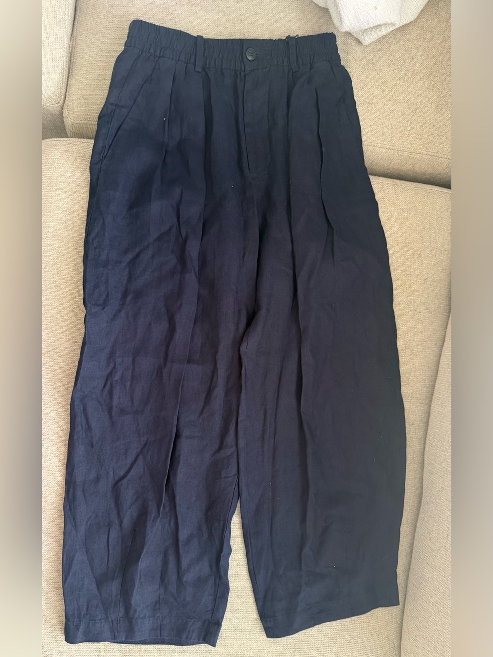 Zara Navy Elastic-Waist Wide Leg Linen Pants